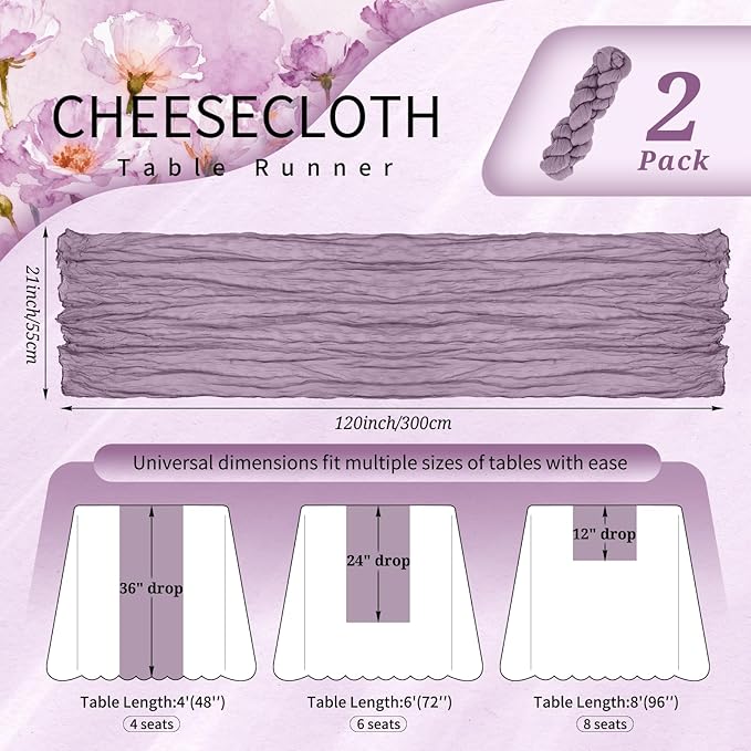 2 Pack Cheesecloth Table Runner 10FT Purple Table Runner Boho Gauze Cheese Cloth Table Runners Long Rustic Sheer Table Decorations for Wedding Party Baby Bridal Shower Birthday Holiday Home