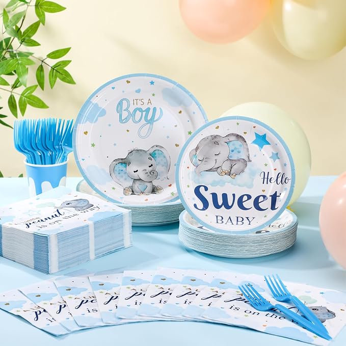 Havawish 250 Pcs Blue Elephant Baby Shower Plates and Napkins Decoration It's a Boy Wait Party Supplies Tableware Set Severs 50 Disposable Plates for Baby Boy Gender Reveal Party Supplies