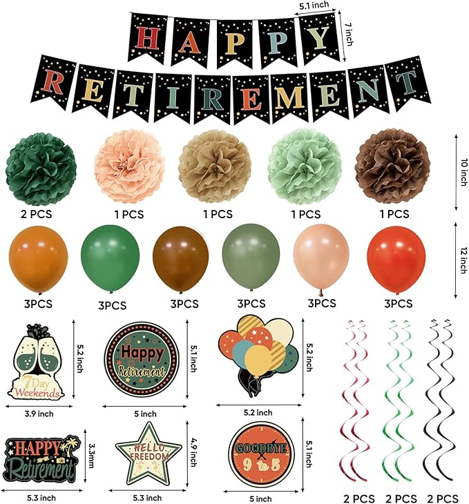 Retirement Party Decorations for Men Women Vintage Happy Retirement Banner Backdrop Balloons Paper Pompoms Honeycomb Centerpiece Cake Topper Hanging Swirl Set