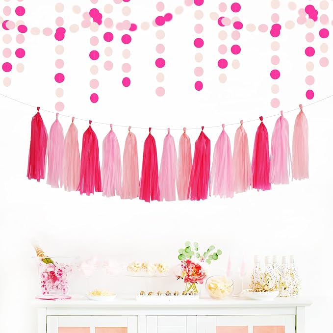 Galentines Valentines-Day Hot-Pink Party-Decorations - 23pcs Girl Birthday Baby Shower Tissue Pom Poms Streamers, Bachelorette Bridal Wedding Engagement Supplies Tassel Garland Banner Decor Ouruola