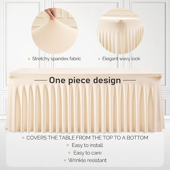 1 Pack Light Champagne Table Clothes for 4 Foot Rectangle Tables, One-Piece Wrinkle Resistant Stretch Spandex Table Covers with Skirt for Event Banquet Wedding Birthday Party