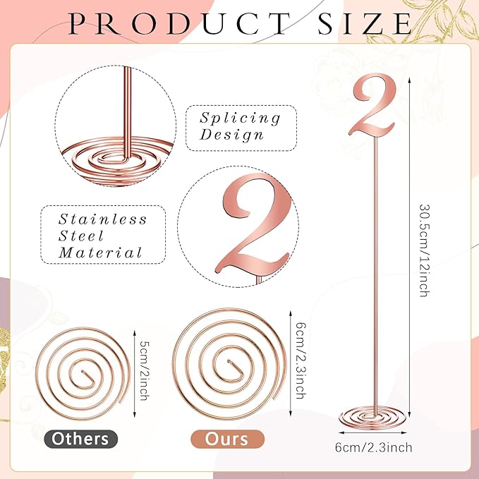 Therwen 20 Pcs Metal Table Numbers 1-20 Table Numbers for Wedding Reception 12 Inch Stainless Steel Party Desk Figure with Sturdy Holder Base for Banquet Wedding Party Event Catering(Rose Gold)