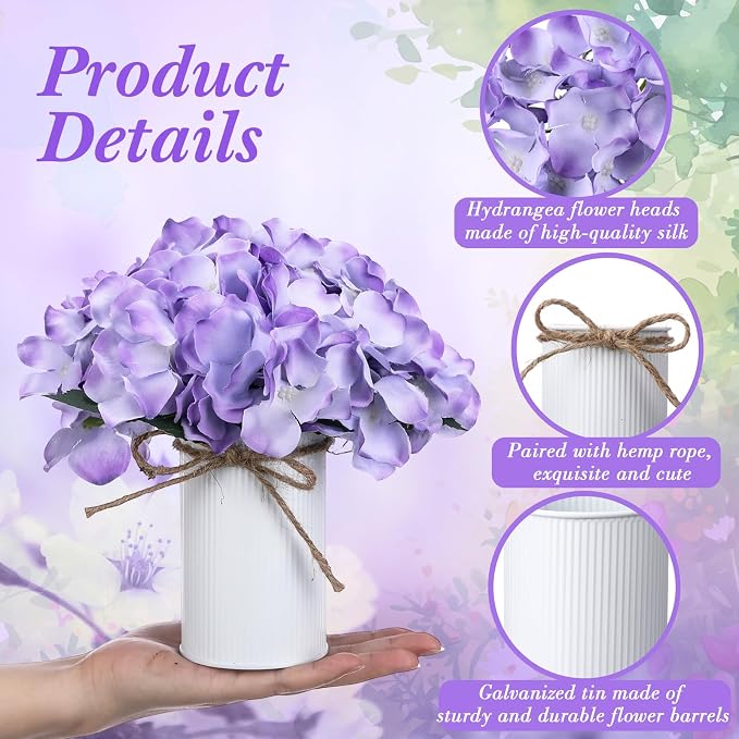 Zeyune Purple 12 Sets Wedding Flower Table Centerpieces Artificial Hydrangeas with Rustic Metal Vase Fake Hydrangea Flowers in Pot Floral Arrangement for Wedding Bridal Tea Party Table Home Decor