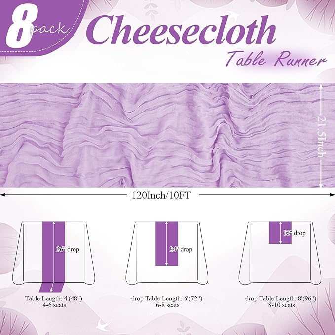20 Pack Lilac Cheesecloth Table Runner 10FT Long Boho Gauze Fabric Table Runner Vintage Rustic Sheer Runners for Wedding Party Bridal Baby Shower Table Decorations