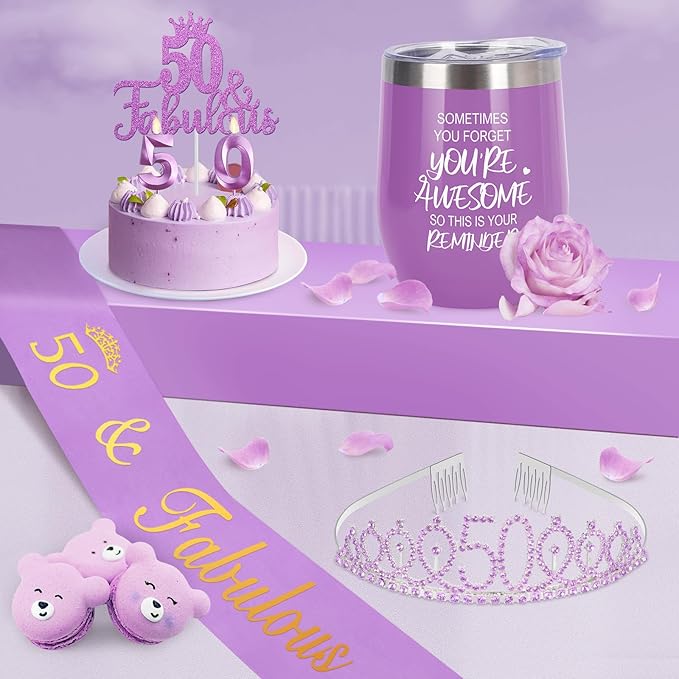50th Birthday Gifts for Her with 12oz Tumbler/Mug Wine or Coffee, Birthday Crown, Sash, Cake Topper and Candles, 50 Year Old Decorations Women Purple