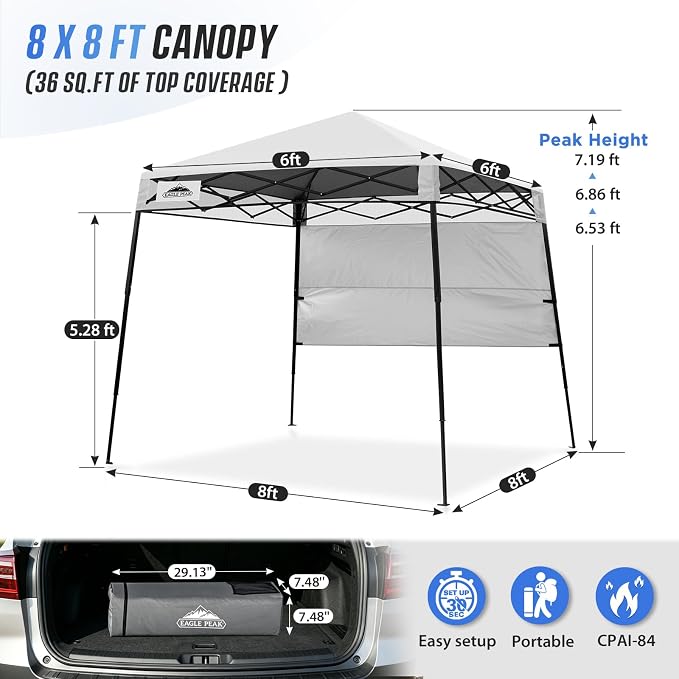 EAGLE PEAK 8x8 Pop Up Canopy Tent with Sidewall, Compact, Portable Slant Leg Instant Sun Shelter for Beach, Sports, & Camping, 8x8 Base 6x6 Top, White