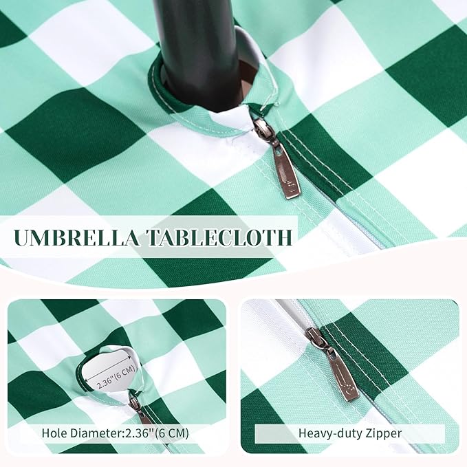 Poise3EHome Square Outdoor Tablecloth with Umbrella Hole and Zipper,Green Gingham 60x60 Inch,Polyester SpillProof Washable Table Cloth for Spring Summer Patio Garden Poolside Picnic Camping BBQS