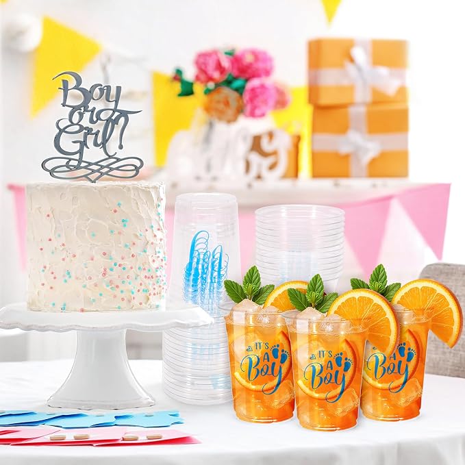 Whaline 50 Pcs Baby Shower Plastic Cups 16oz It's A Boy Clear Drinking Cup Blue Boy Gender Reveal Disposable Cups for Birthday Party Table Decoration Supplies