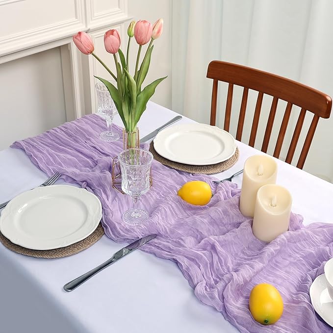 16 Pack Lilac Purple Cheesecloth Table Runner 10ft Boho Gauze Fabric 120 Inch Cheese Cloth Table Runner Rustic Sheer for Holiday Baby Shower Party Décor Home Wedding Decoration
