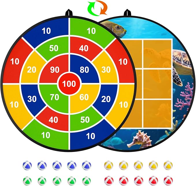 Kids Dart Board 26" Large with 20 Sticky Balls, Foldable Double-Sided Indoor Outdoor Sport Party Play Game Toys, Birthday Gift for Boys and Girls Ages 4 5 6 7 8 9 10 11 12
