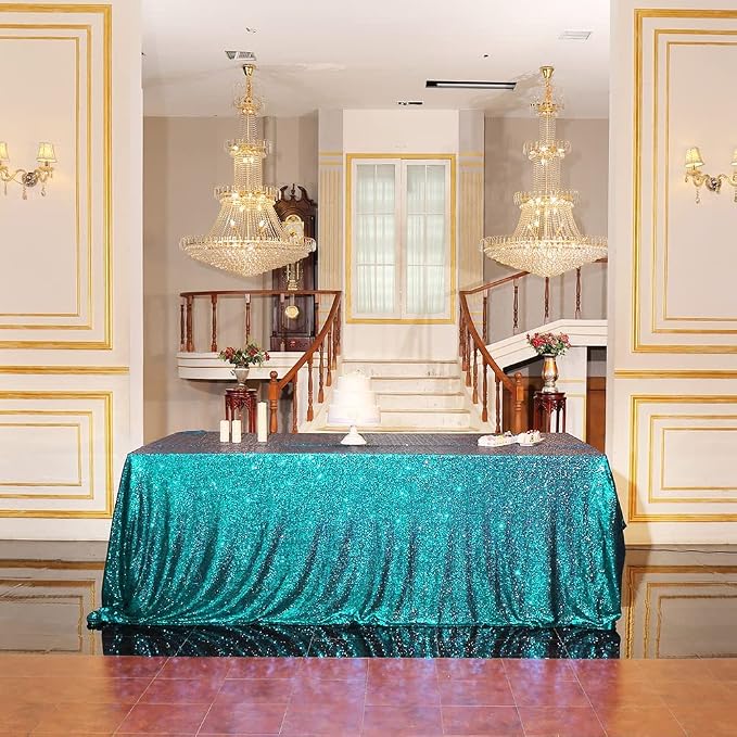 Eternal Beauty Teal Tablecloth, 90x156 Inch Sequin Rectangle Table Cover for Cake Dessert Exhibition Party Birthday Events