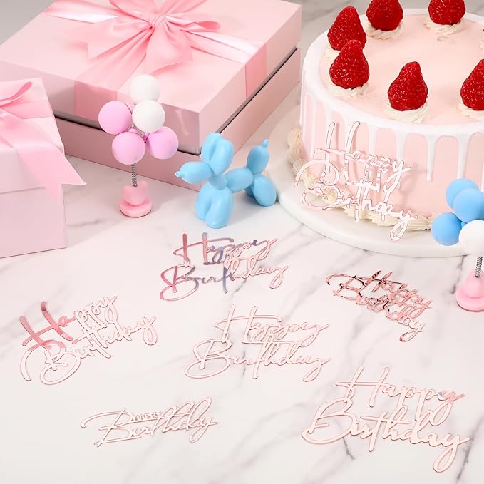 Barydat 50 Pcs Happy Birthday Cake Toppers Bulk Mirror Acrylic Cupcake Topper Cupcake Decorations Happy Birthday Sign for Cake Side Inserts Decor Party Supplies 10 Style (Pink)