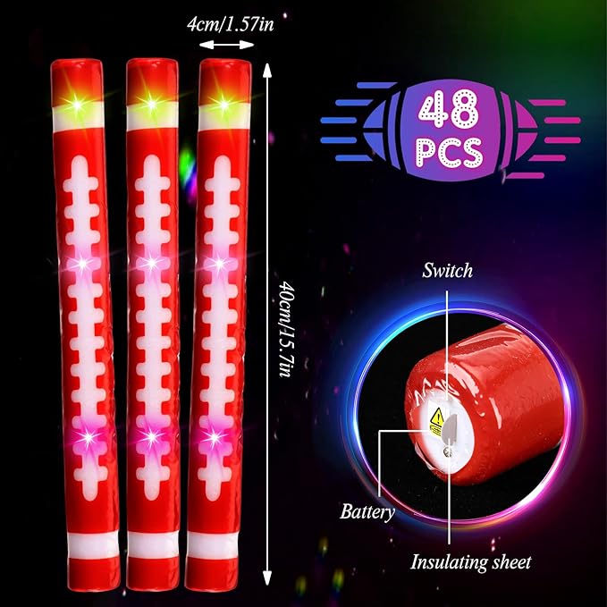 JellyArch 48 Pcs 16'' Football Glow Sticks Bulk LED Foam Football Sticks Glow in The Dark Light up Party Favors Sports Glowsticks Gifts with 3 Mode Flashing for Team Fan Celebration Sporting Event
