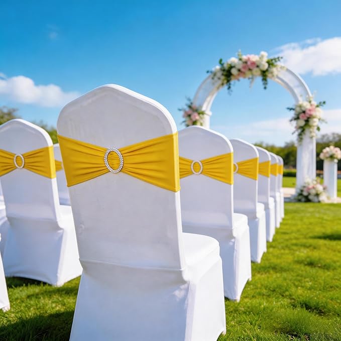 Pack of 50 Spandex Yellow Chair Sashes Bows Elastic Chair Bands with Buckle Slider Sashes Bows for Wedding Decorations Without White Covers (Yellow)