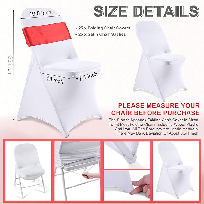 Lounsweer 50 Pcs Folding Chair Cover Set with 25 Stretch Spandex Slipcovers 25 Satin Chair Sashes Bows Ribbon Washable Banquet Protector for Wedding Event Party(White, Red)