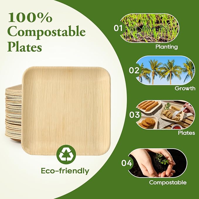 ECOLipak 10 Inch Compostable Palm Leaf Plate Like Bamboo Plate and 300 Count Disposable Wooden Knives