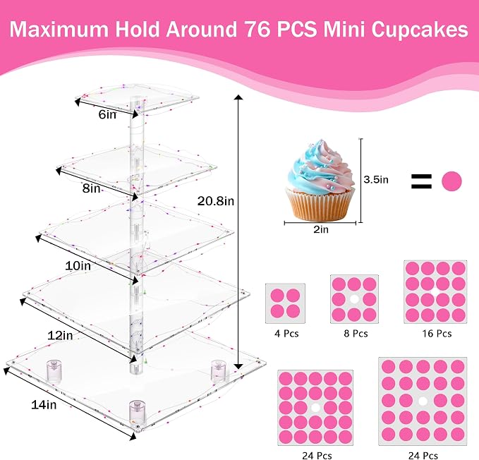 YestBuy Cupcake Stand – 5 Tier Premium Cupcake Holder – Acrylic Cupcake Tower Display – Cady Bar Party Décor – Acrylic Display for Pastry + LED Light String – Ideal for Weddings, Birthday (Colorful)