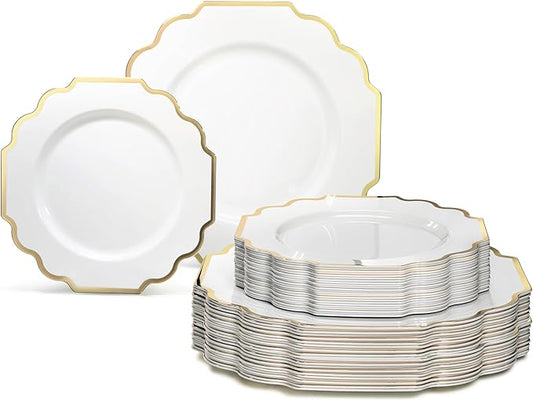 OCCASIONS 80 Gold Plastic Plates for 40 Guests, Heavyweight Disposable Dinnerware Set, 10.5" Dinner + 8" Dessert, Elegant Party Tableware for Wedding Baby Shower (Imperial White & Gold)