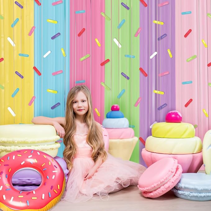 Blosssound 2 Packs Donut Party Decorations 3.3 x 6.6 ft Going Away Party Decorations Donut Sprinkle Foil Fringe Curtain Ice Cream Tinsel Streamers for Goodbye Birthday Baby Shower Sweet Shop Decor
