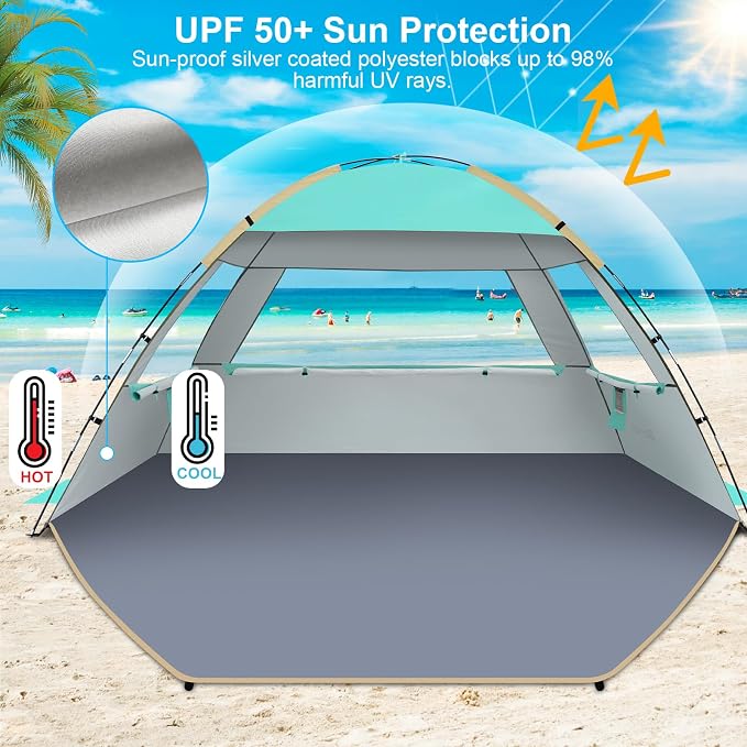 Gorich Beach Tent Sun Shelter for 3/4/6/8/10 Person with UPF 50＋ UV Protection, Lightweight & Easy Setup Beach Shade Canopy, Portable Beach Shade Tent Beach Cabana