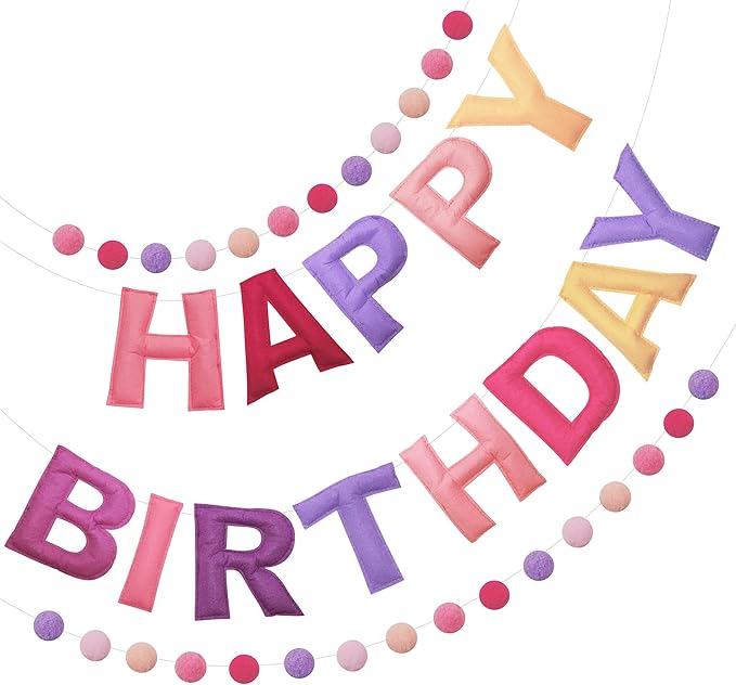 2 PCS Pre-Strung 3D Felt Happy Birthday Banner - Reusable Happy Birthday Decorations Sign, Felt Ball Garland, Pom Pom Garland, Party Decor, Photo Prop（pink & purple）