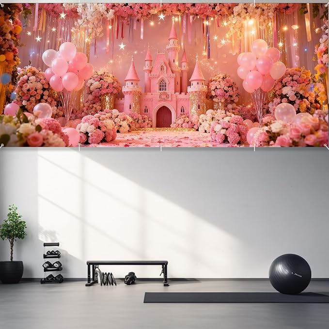 Valentine‘s Day Romantic Floral Garage Door Banner 7x16ft Waterproof -Pink Balloon Backdrop for Mother's Day, Wedding & Anniversary,Photo Booth Background Wall Decor