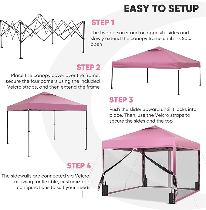 GDY 10x10 Pop-up Canopy Tent with 4-Mosquito Nettings, Outdoor Screen Gazebo with 4 Sandbags, 4 Ropes & 8 Stakes, 3-Level Height Adjustment for Patio, Camping, and Backyard, Pink