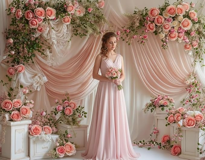 Kate 10x10ft Wedding Backdrop Curtain Pink Floral Decor for Ceremony Photography Background Romantic Bridal Shower Party Photo Booth Props with Rose Garland Drapes