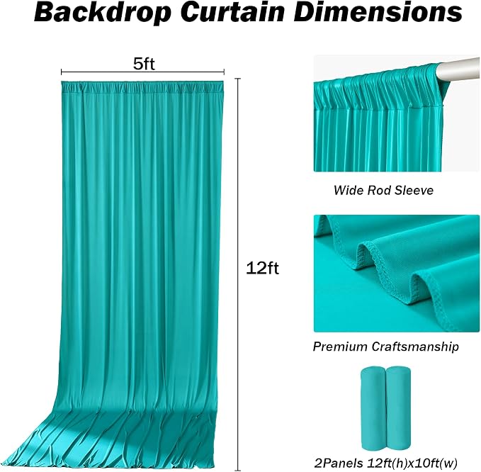 10ft×12ft Turquoise Backdrop Curtains for Wedding Parties, 2 Panels Wrinkle Free Polyester Photo Backdrop Drapes Back Drop Cloth for Birthday Photography Background