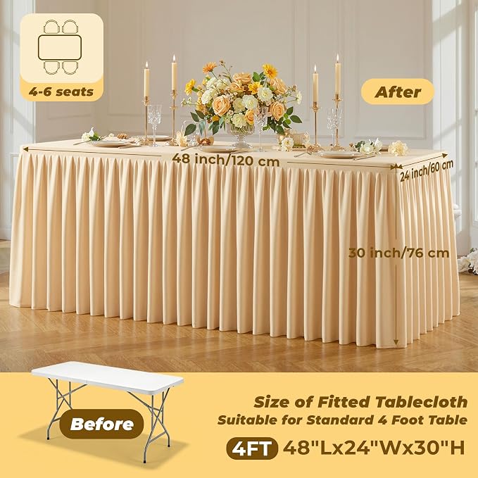 Dark Champagne Polyester Table Cloths for Rectangle 4 Foot Tables, 1 Pack Wrinkle Free Tablecloths Stretchy Banquet Ruffle Fitted Table Cover Desk Skirt for Parties Wedding Birthday Baby Shower