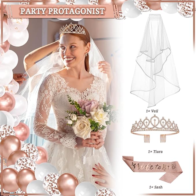 LFSTGN 274 Pcs Rose Gold Bridal Shower Decorations, Bachelorette Party Decorations Favors - "BRIDE TO BE" Banner, Veil, Balloon, Photo Props, Tableware with Rose Gold for 25 Guests