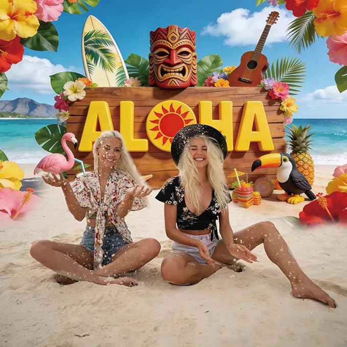 10x10ft Hawaiian Aloha Backdrop Tropical Beach Photo Backdrop Tiki Mask Flowers Summer Backdrops for Photography for Luau Party Tropical Wedding Birthday Decorations Photo Booth Props