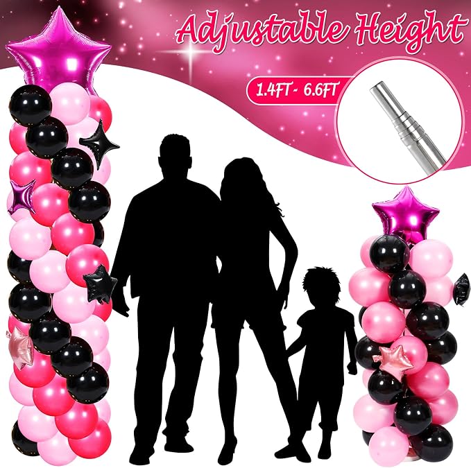 Gejoy 110 Pcs Pink Rose Red Black Balloons Column Stand Kit Adjustable Tower Stand from 1.4 to 6.6 ft with Bases for Back to School Wedding Birthday Baby Shower Party