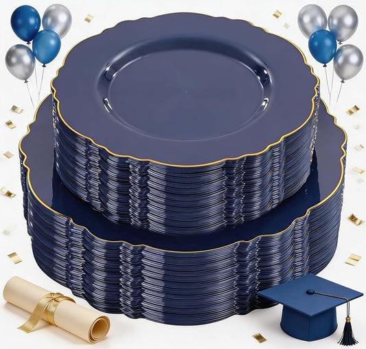WDF 100pcs Blue Plastic Plates - Baroque Blue&Gold Disposable Plates for Parties/Wedding-50Plastic Dinner Plates 10.25in, 50Salad Plates 7.5in for Party/Birthday/Wedding/Graduation