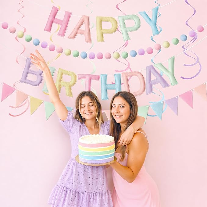 Kriyokiaa Pre-Strung Felt Happy Birthday Banner Pastel Happy Birthday Party Decorations with Pom Pom Garland, Flag and Hanging Swrils for Women Girls Party Decor