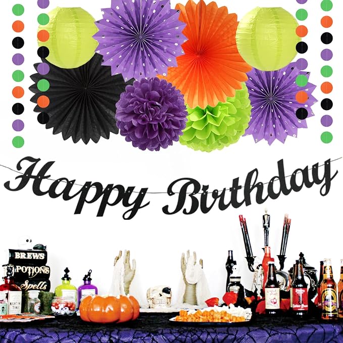 Black-Green Orange-Purple Halloween Birthday Party-Decorations - 21pcs Happy Banner,Paper Lanterns Honeycomb,Tissue Pom Poms Flower Fan,Kids Classroom Hanging Streamers Garland Decor Supplies Huglony