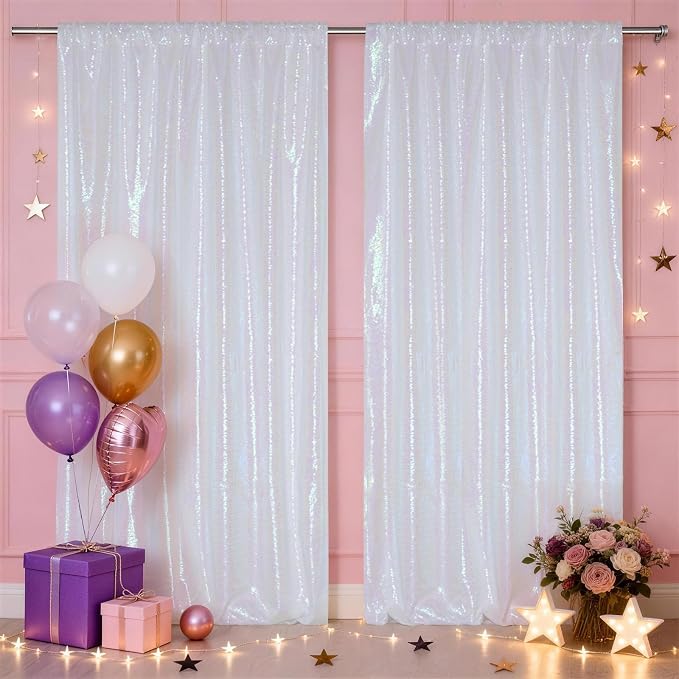 SquarePie 2 PCS 4x10ft Iridescent Sequin Backdrop for Photography, Extra Long Satin-Backed Real Sequin Curtain, High-Density Shimmering Background with 4" Rod Pocket for Wedding Ceremony, 2 Panels