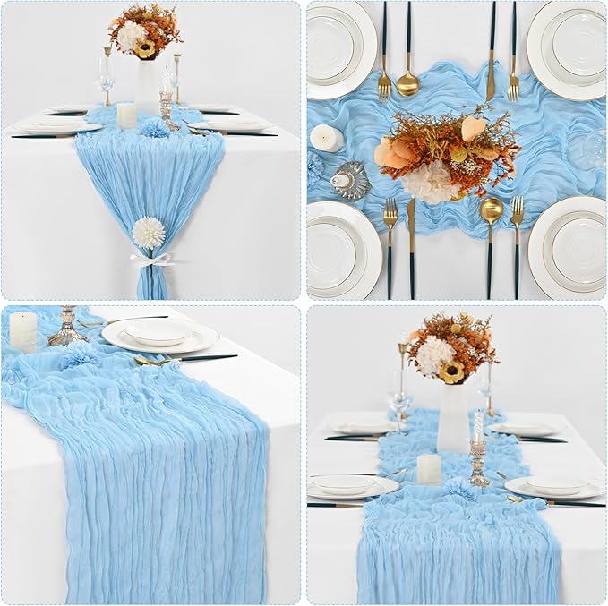 10 Pcs Baby Blue Cheesecloth Table Runner 10FT, Gauze Table Runner for Wedding Reception Sheer Bridal Shower Birthday Party Boho Table Decoration, Rustic Romantic Wedding Runner