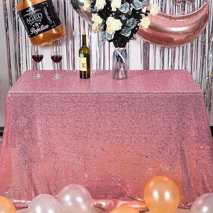 60 x 102 Inch Rose Pink Sequin Tablecloth Rectangle Sparkle Table Cover for Wedding Birthday Party Festival Ceremony Cake Dessert Table Cloth