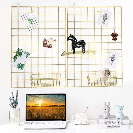 GBYAN 2 Pack Large Wall Grid Panels with Light and Clips, Photo Display Board, Picture Frame Collage Board, Wire Grid Wall Panel Room Decoration,Dark Gold