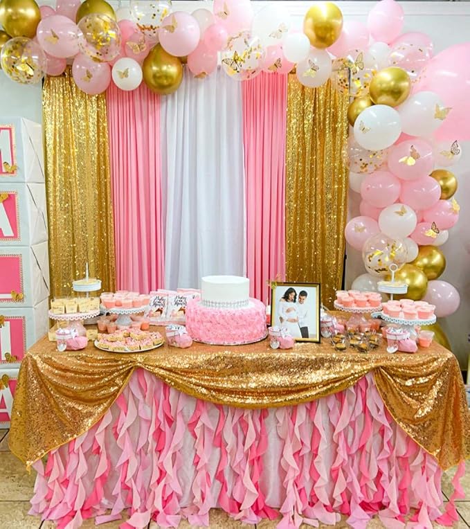 SquarePie 2 PCS 2x8ft Gold Sequin Backdrop Curtains, Satin-Backed Shimmering Photo Booth Background, 2 Panels Narrow Real Sequin Drapes with 4" Rod Pocket for Party, Baby Shower, Doorway Decor
