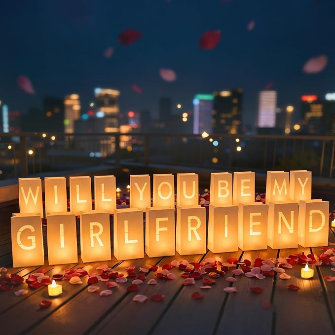 Will You Be My Girlfriend Light Up Letters Luminary Bags, Banner, Romantic Decoration Kit with 30PC Bright LED Candles and 2000PC Fake Rose Petals