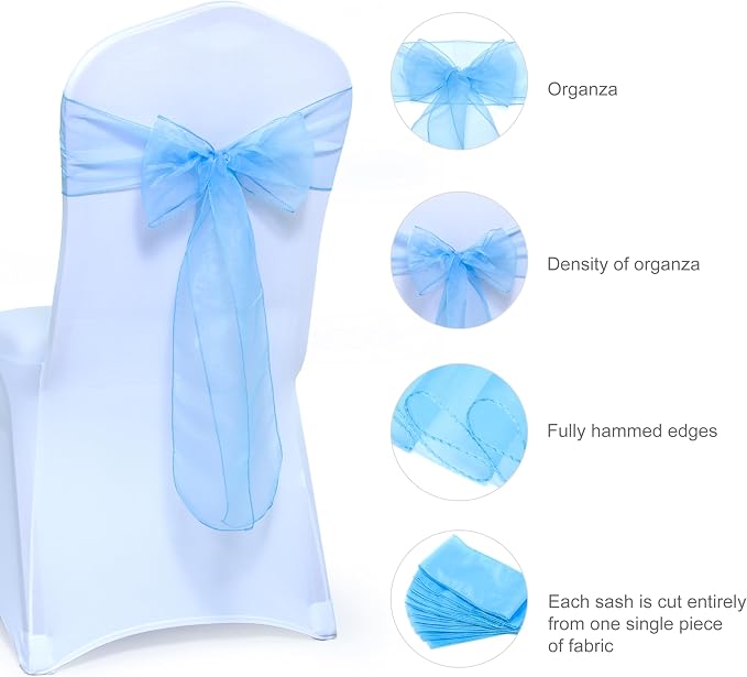 MDS® Pack of 125 Organza Chair Sashes for Wedding Decoration, Reusable Sheer Chair Bows for Banquet Chair Cover, Reception, Bridal Shower, Baby Shower, Birthday Party & Special Events - Baby Blue