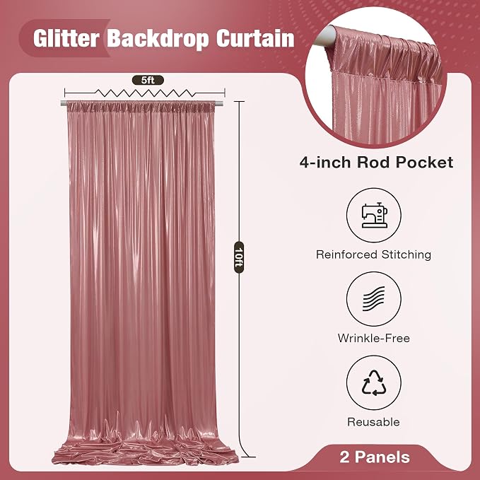 10x10FT Rose Gold Sequin Backdrop Curtain for Party - 2 Panels 5x10FT Wrinkle-Free Shimmer Drapes for Birthday, Wedding, Christmas, Decorations & Photography