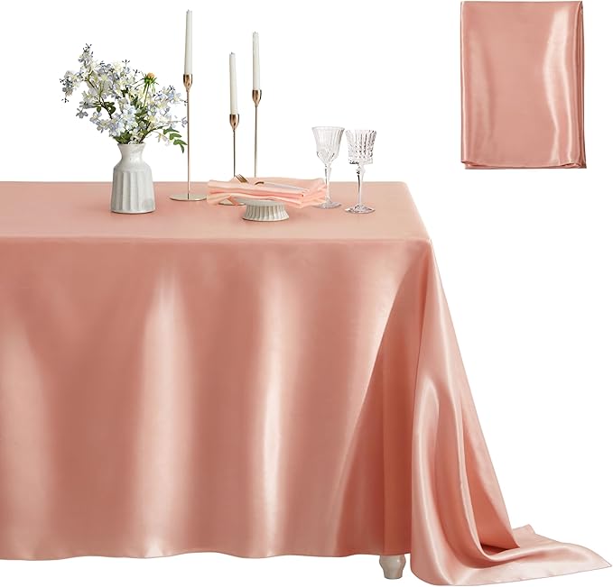 1 Pack Satin Table Cover Rectangle Silkly Soft Table Cloth, Satin Dining Table Cloths for Wedding Banquet Table Decoration, Dining Room, Indoor and Outdoor Use, 60 x 84 Inches, Rose Gold