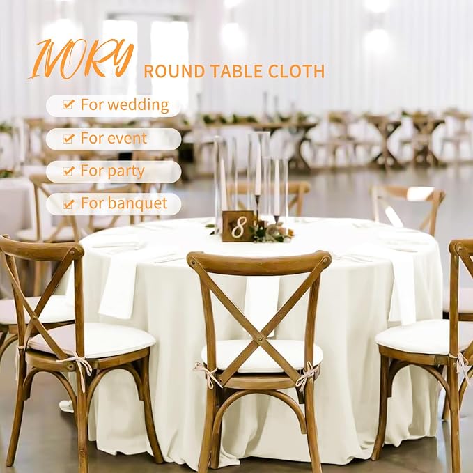 Pesonlook 12 Pack Round Tablecloth Ivory Polyester 120 Inch Washable Fabric Round Table Cover Ivory Tablecloth for Wedding/Party/Banquet/Dining/Buffet Table