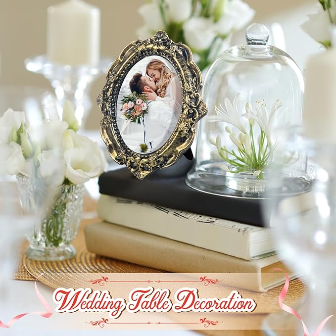 Maitys 10 Pcs Mini Picture Vintage Frames with Stands Tiny Antique Photo Baroque Ornate Resin Oval Frame Table Top Display Home Wedding Decor (Black Gold)