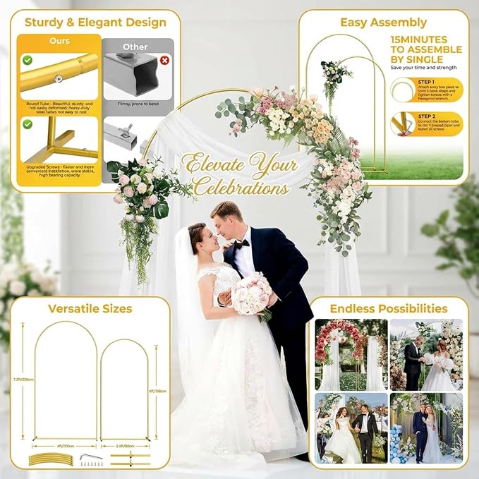 Metal Arch Backdrop Stand Set (7.2 ft + 6 ft), Wedding Arch Frame, Stable Backdrop Stand with Square Base Ground Pegs, Suitable for Birthday Parties, Baby Shower Wreath Decorations (2-Piece Set)