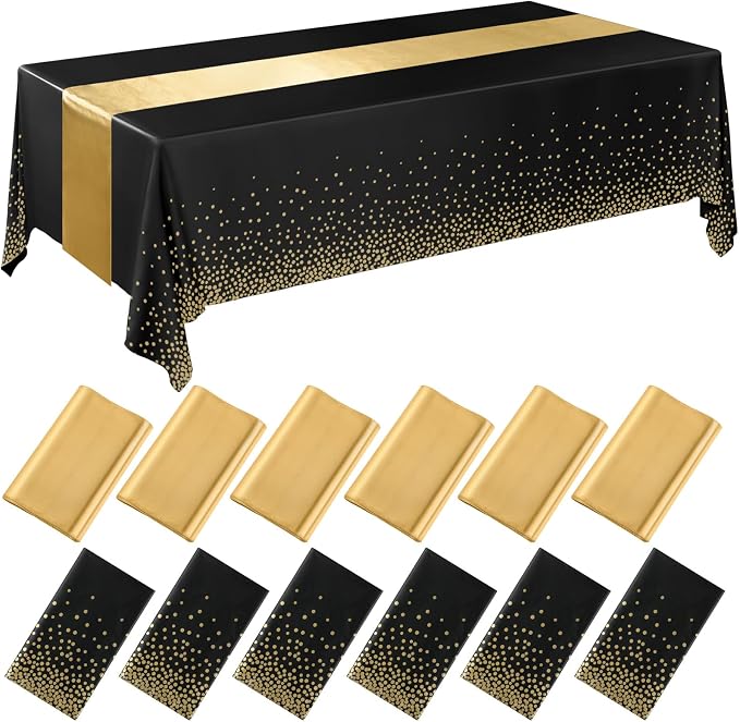 Tudomro 12 Pcs Black and Gold Disposable Plastic Tablecloths and Satin Table Runner Set 54x108 Inch Tablecloth 12x108 Inch Table Runners for New Year Wedding Birthday Baby Shower Graduation