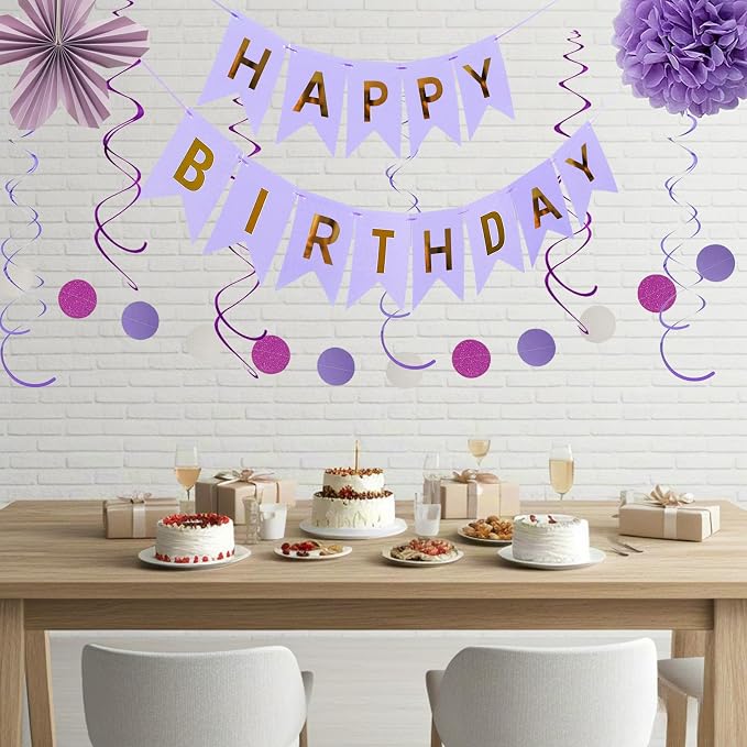 Birthday Party Decorations Kit Purple Violet & White, Happy Birthday Banner Garland Paper Pompoms, Flower Fans, Honeycom Ball , Lantern, Hanging Swirls, 20pcs